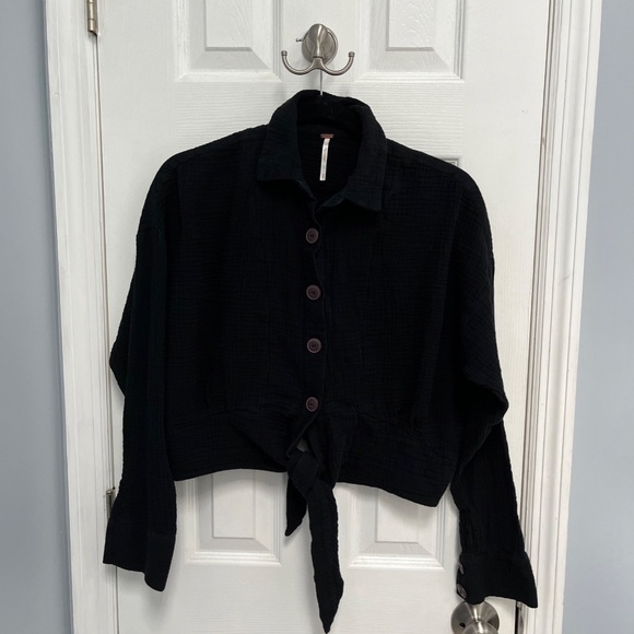 Free People Black Cotton Gauze Button Front Tie Hem Shirt Top XS Boho Casual - Picture 14 of 14